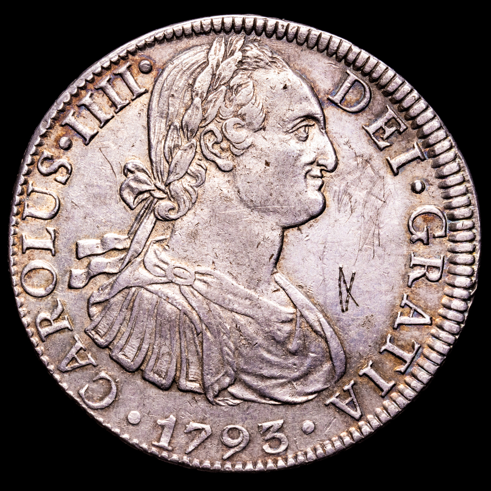 Carlos IV. 8 Reales. (26,84 g.). México. 1793. Ensayador F·M. AC-955. EBC. Restos de brillo original. Bonita pátina.