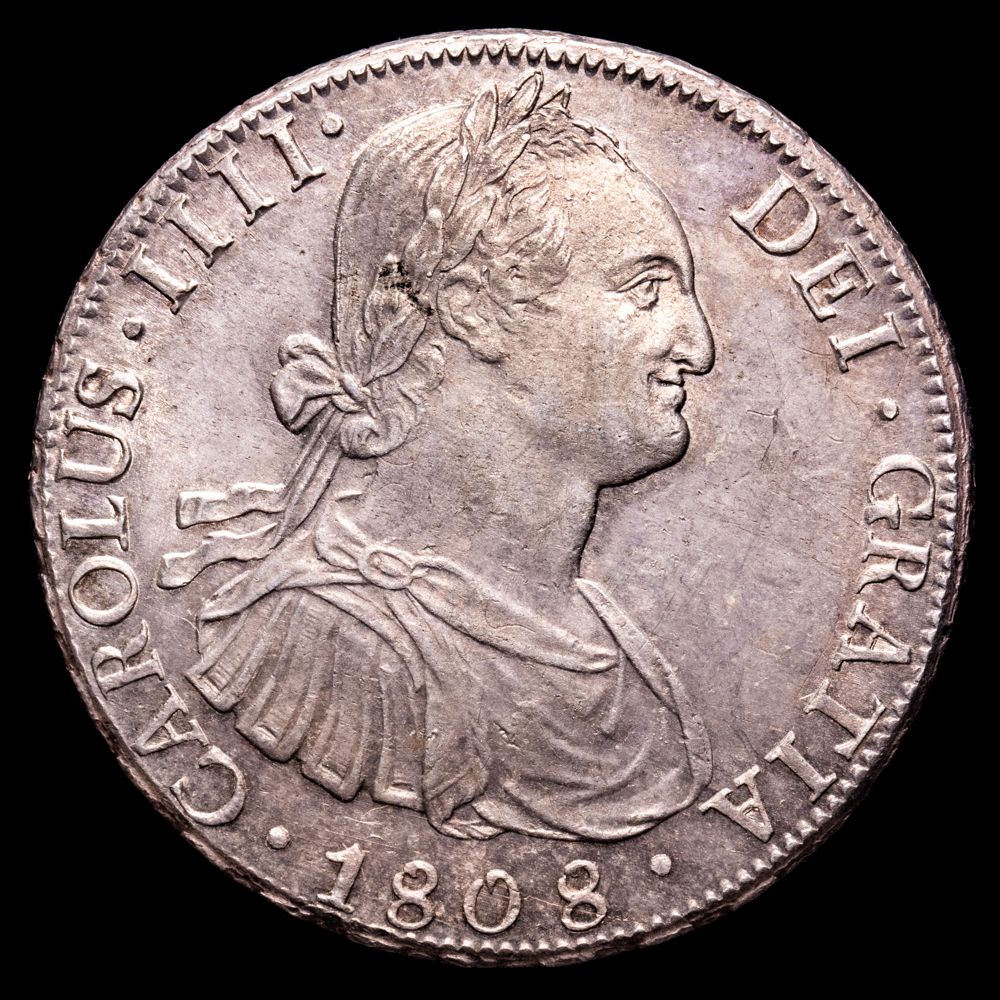 Carlos IV. 8 Reales. (27,1 g.). Potosí. 1808. Ensayador P·J. AC-1014. EBC+. Preciosa pátina. Restos de brillo original.