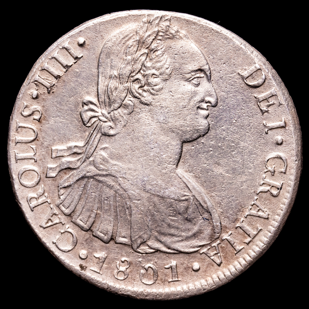 Carlos IV. 8 Reales. (26,86 g.). Lima. 1801. Ensayador I·J. AC-919. MBC+. Plata agria.