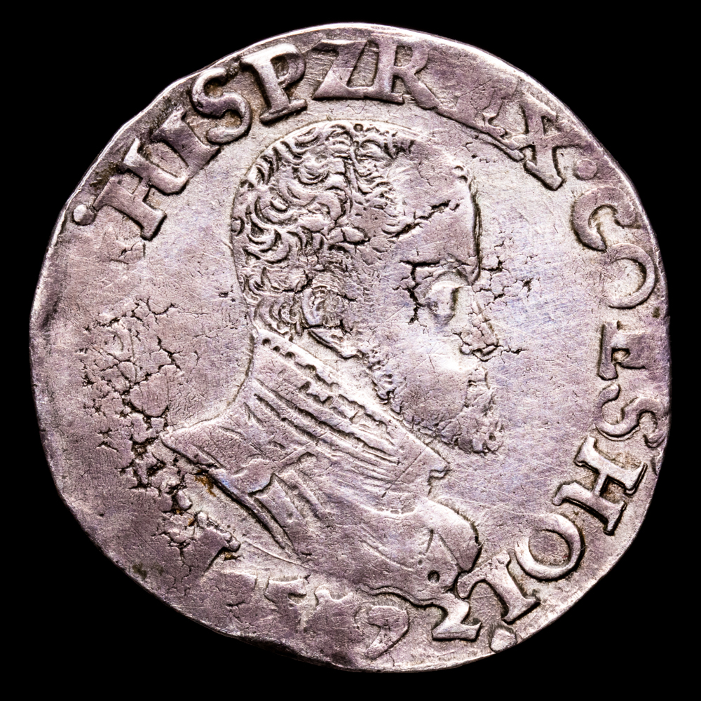 Paises Bajos – Felipe II. 1/5 de Escudo. (6,83 g.). Dordrech. 1572. MBC. Heiss 180/170 Variante.Rara .