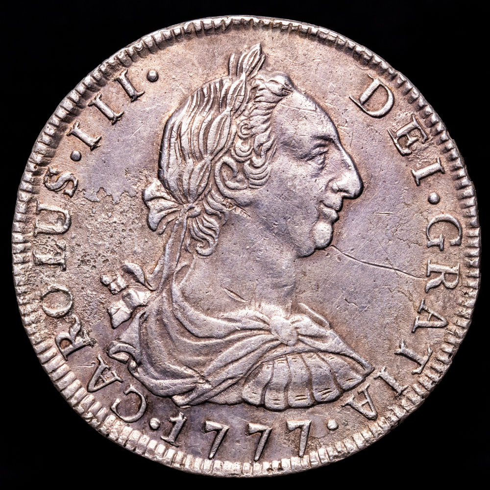 Carlos III. 8 Reales. (26,61 g.). Potosí. 1777. Ensayador P·R. AC-1174. MBC+/EBC. Oxidación limpiada a la izquierda del busto