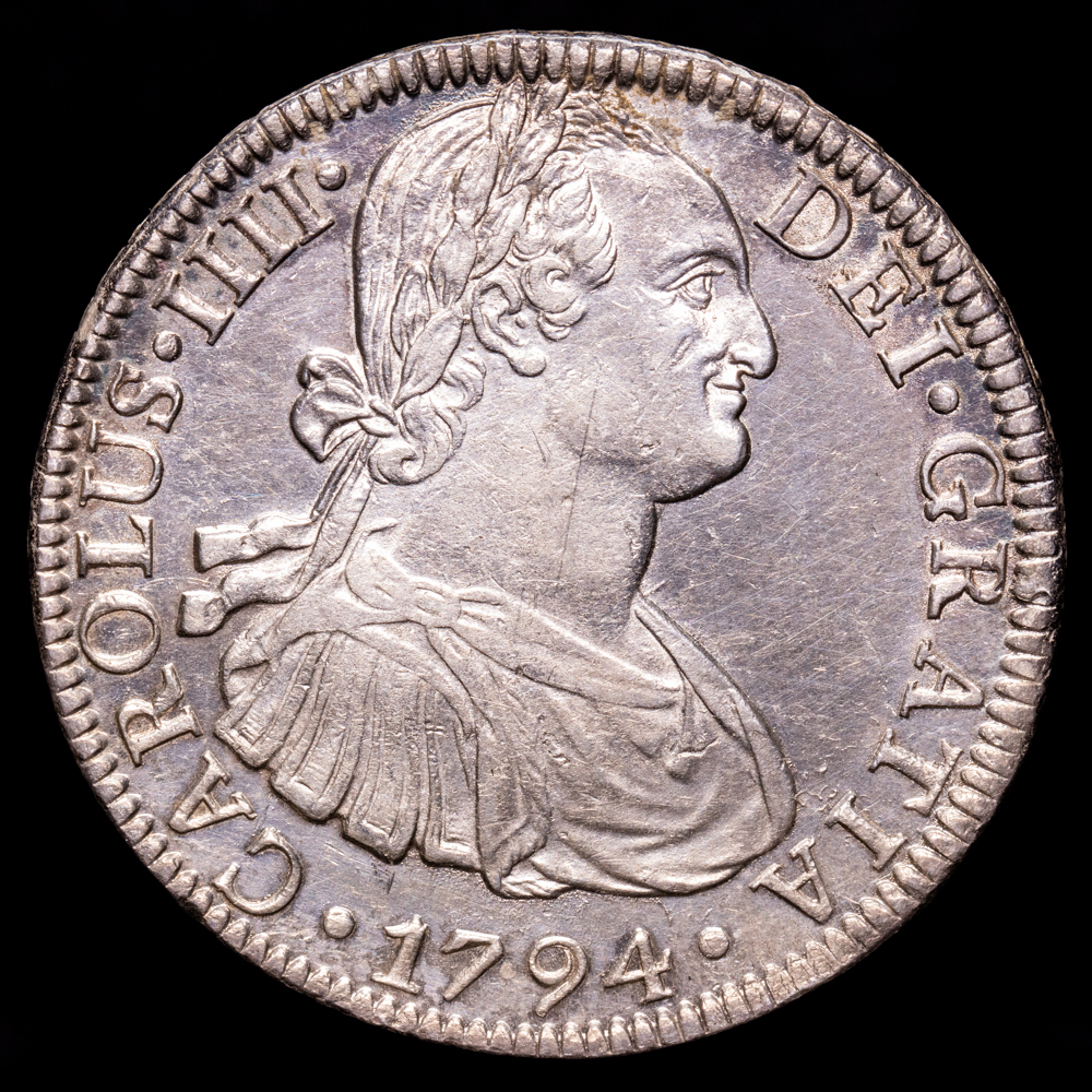 Carlos IV. 8 Reales. (26,98 g.). México. 1794. Ensayador F·M. AC-956. EBC+.  Restos de brillo original.