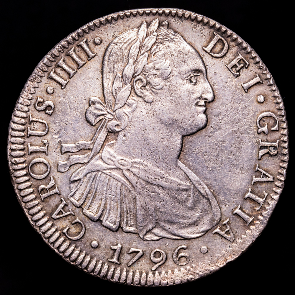 Carlos IV. 8 Reales. (26,84 g.). México. 1796. Ensayador F·M. AC-959. EBC-/EBC+. Restos de brillo original. Bella pátina de monetario antiguo.