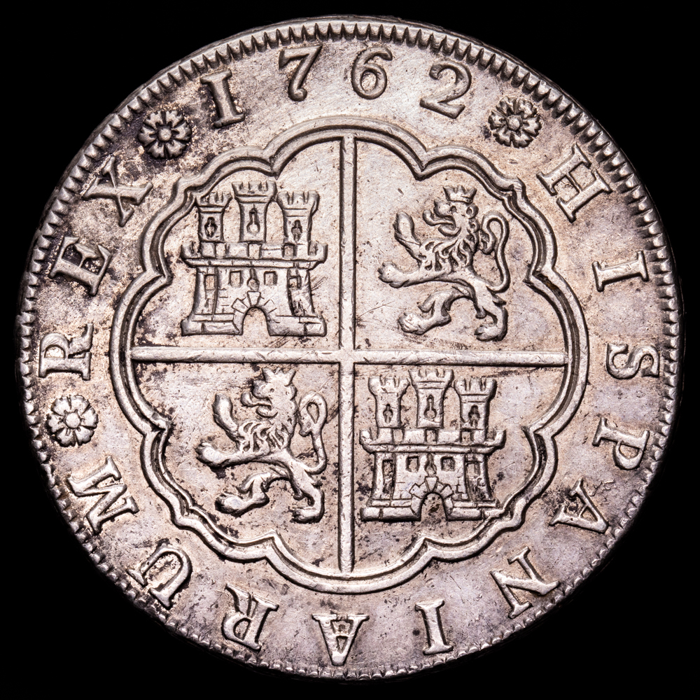 Carlos III. 8 Reales. (27,01 g.). Madrid. 1762. Ensajador J·P. AC-1061. EBC. Único año de este tipo y ensayador