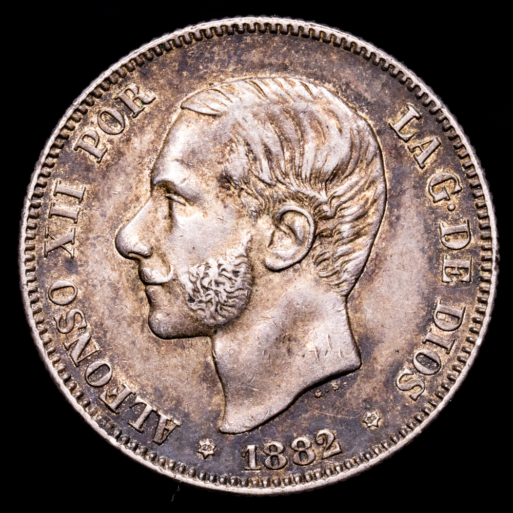 Alfonso XII. 2 Pesetas. (10,01 g.). Madrid. 1882/1. Ensayador MS·M. AC-30. EBC-/MBC+. Pátina antigua
