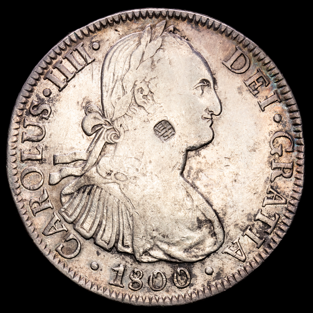 Carlos IV. 8 Reales. (26,88 g.). México. 1800. Ensayador F·M. AC-965. MBC+. Resellos chinos.