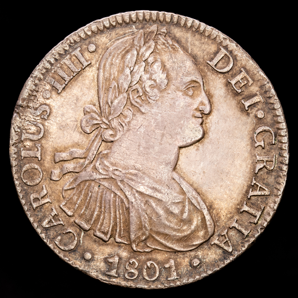 Carlos IV. 8 Reales. (27,1 g.). México. 1801. Ensayador F·T. AC-953. MBC+. Pátina antigua.