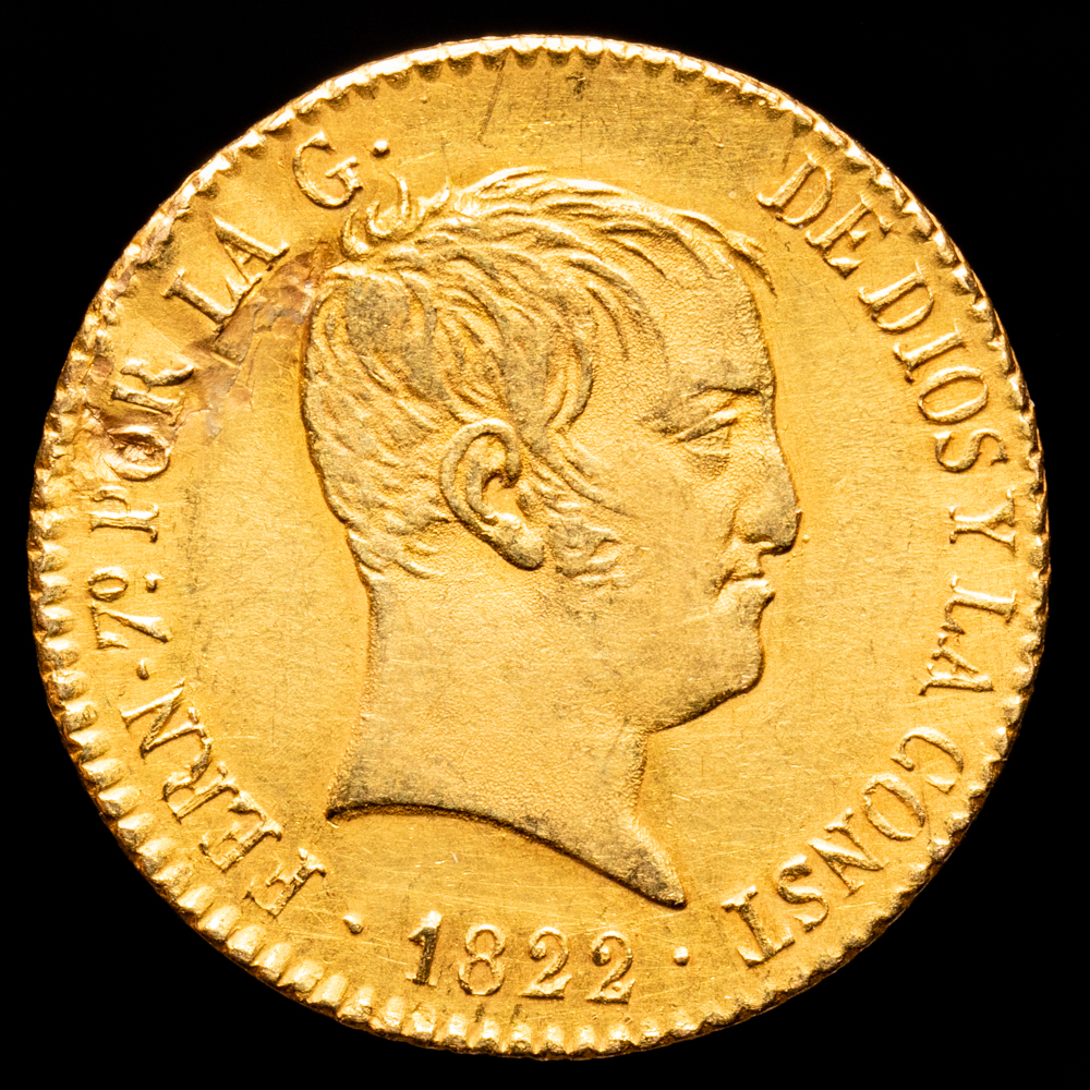 Fernando VII. 80 Reales. (6,72 g.). Madrid. 1822. Ensayador S·R. AC-1641. MBC+. Hoja a las 10H.