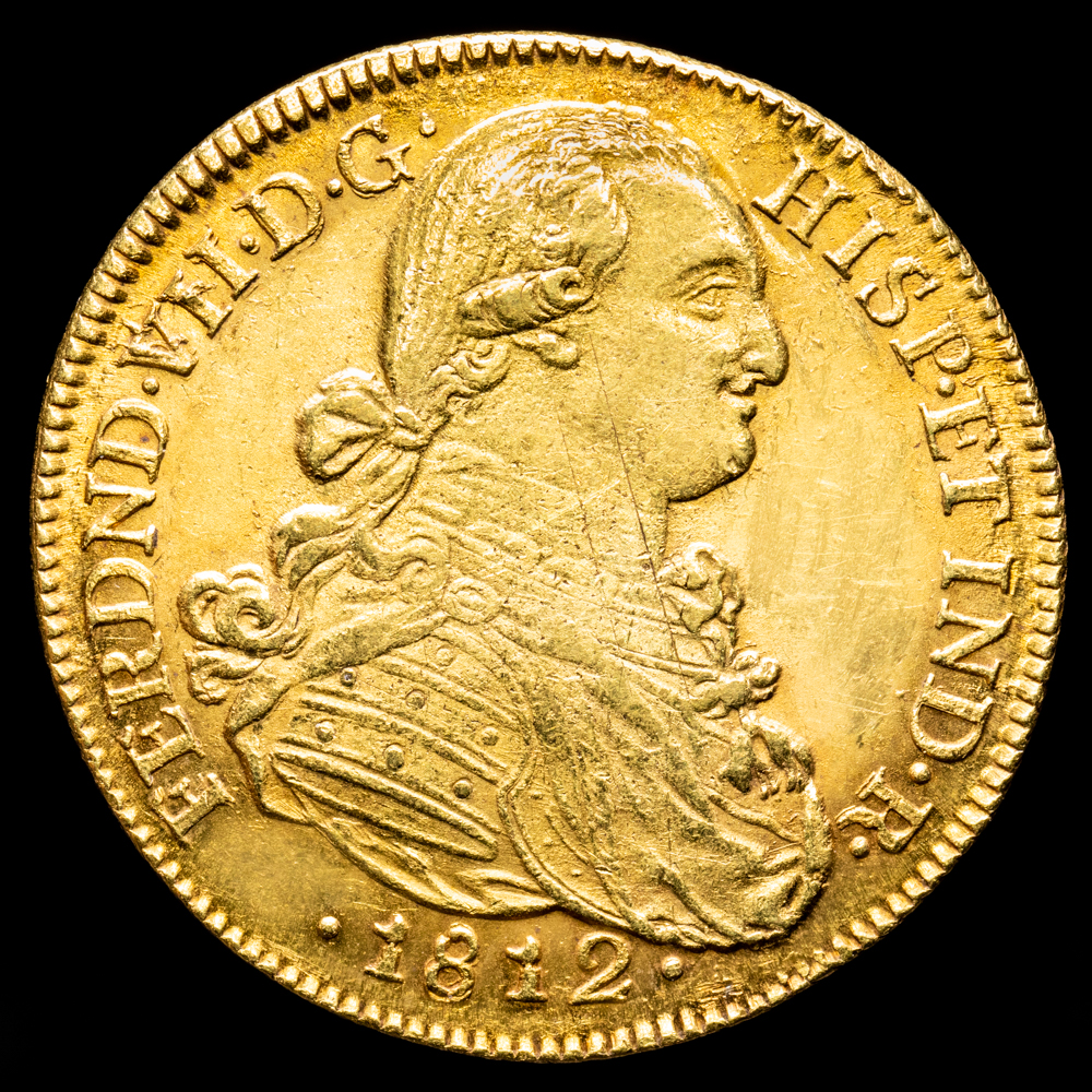 Fernando VII. 8 Escudos. (26,82 g.). Nuevo Reino. 1812. Ensayador J·F. Aureo y Calicó – 1843. MBC+.