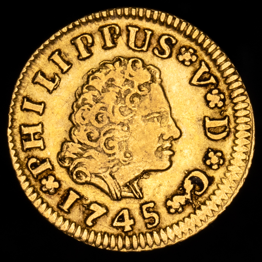 Felipe V. 1/2 Escudo. (1,79 g.). Sevilla. 1745. Ensayador P·J. Aureo y Calicó – 1651. MBC+.