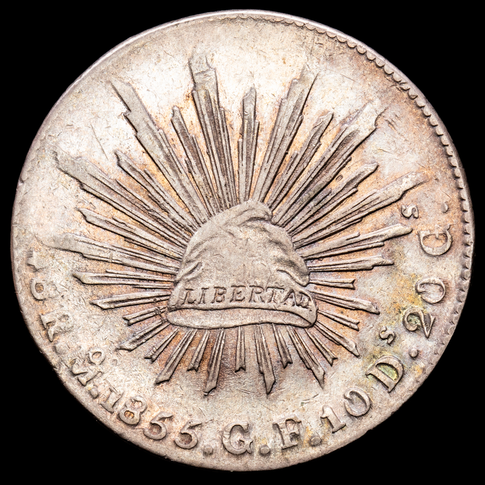 República de México. 8 Reales. (26,99 g.). México. 1855. Ensayador G·F. KM-377.10. MBC+.