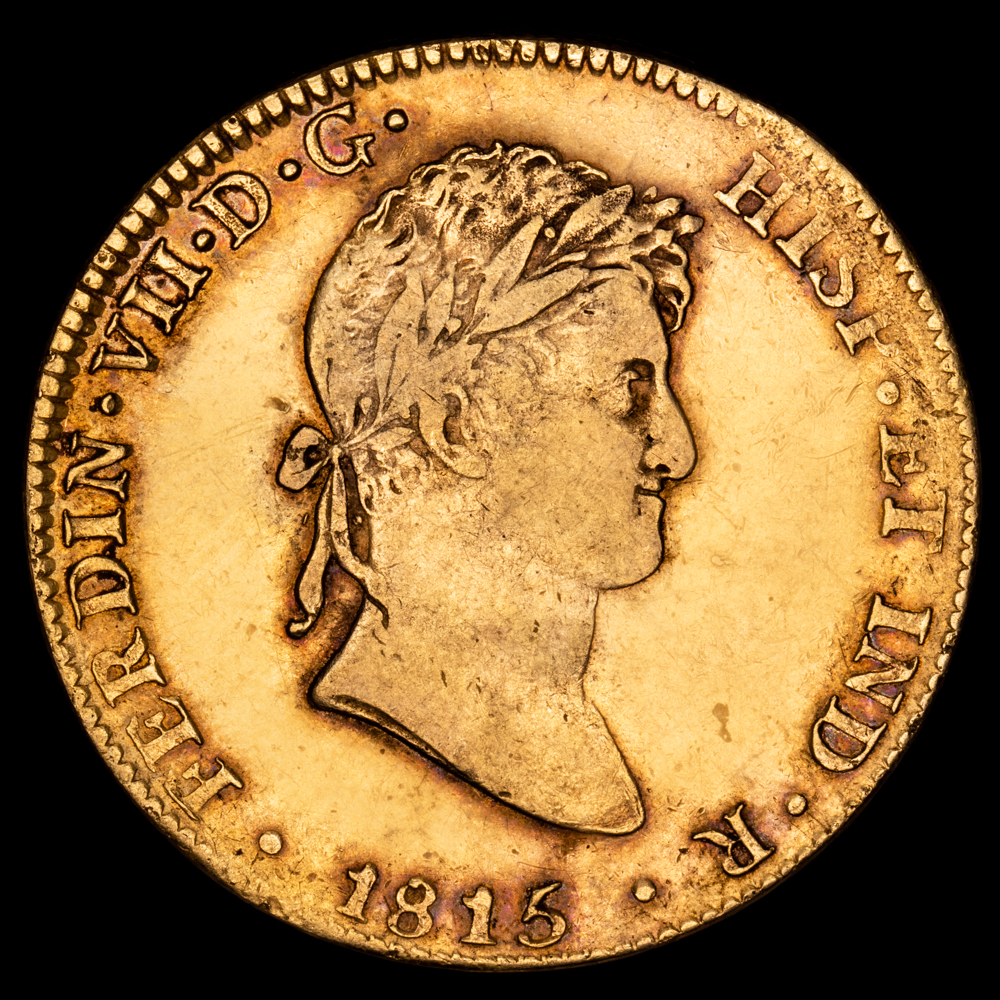 Fernando VII. 8 Escudos. (27,01 g.). México. 1815. Ensayador J·J. Aureo y Calicó 1792. MBC+/EBC-. Restos de brillo original. Buen color.