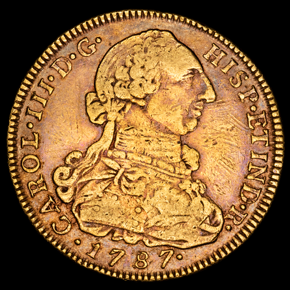 Carlos III. 8 Escudos. (26,84 g.). Nuevo Reino (Colombia). 1787. Ensayador J·J. Aureo y Calicó 2122. MBC-/MBC. Buen tono Rojizo .
