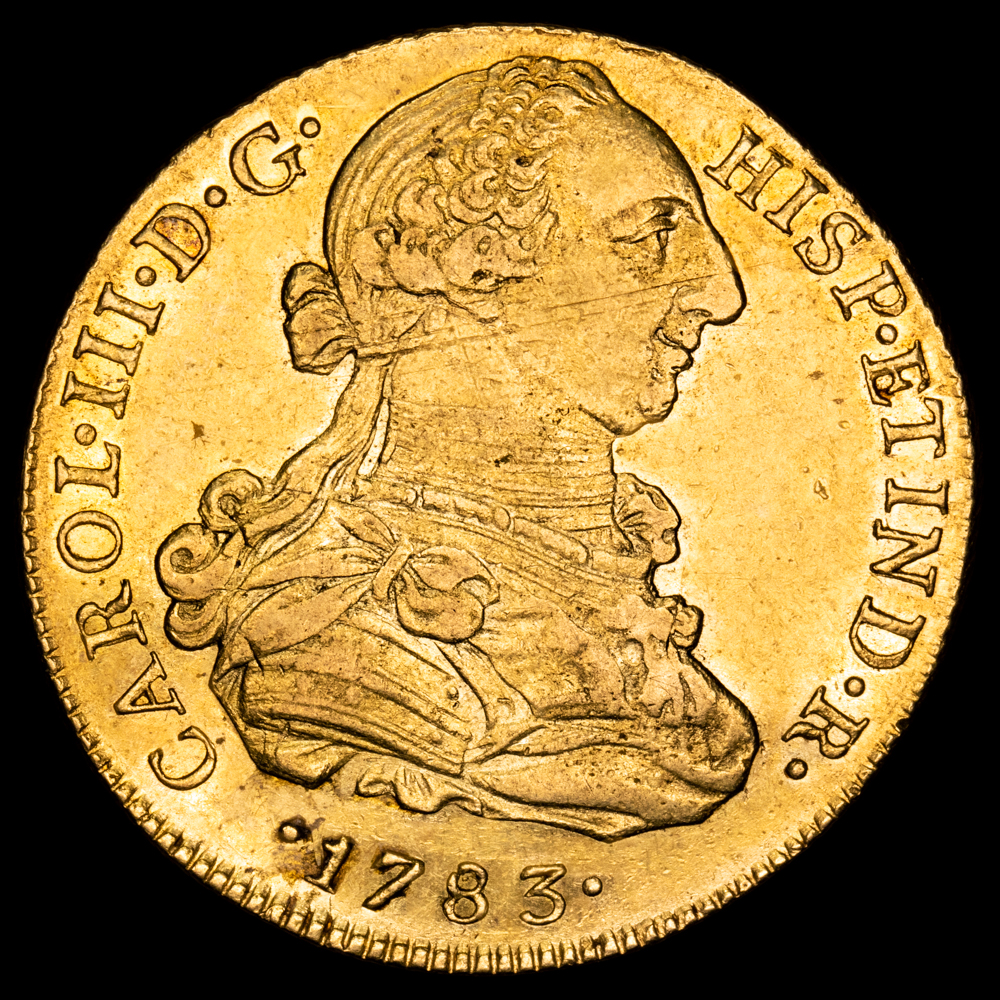 Carlos III. 8 Escudos. (27,04 g.). Lima. 1783. Ensayador M·I. Aureo y Calicó 1945. EBC+. Brillo original. Bella, rara así.