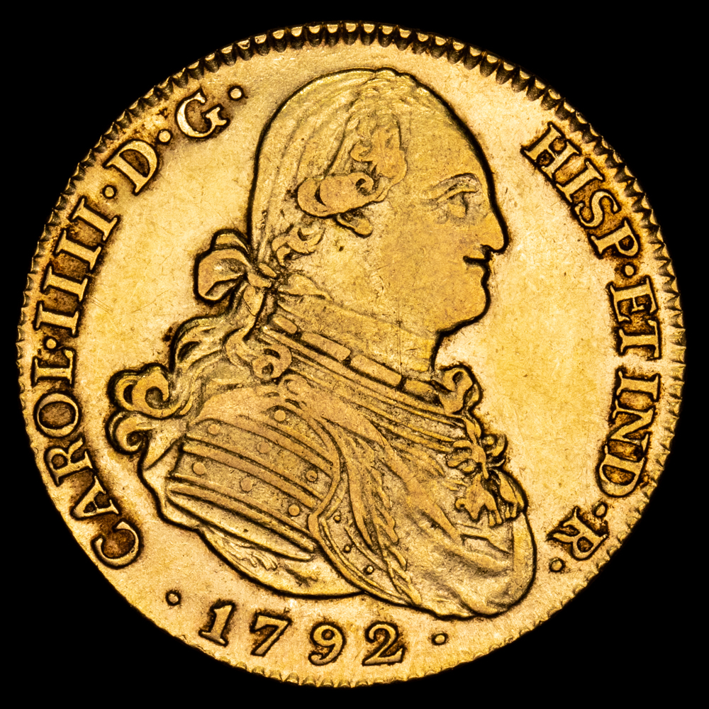 Carlos IV. 4 Escudos. (13,49 g.). Madrid. 1792. Ensayador M·F. Aureo y Calicó 1475. MBC+/EBC. Restos de brillo original.