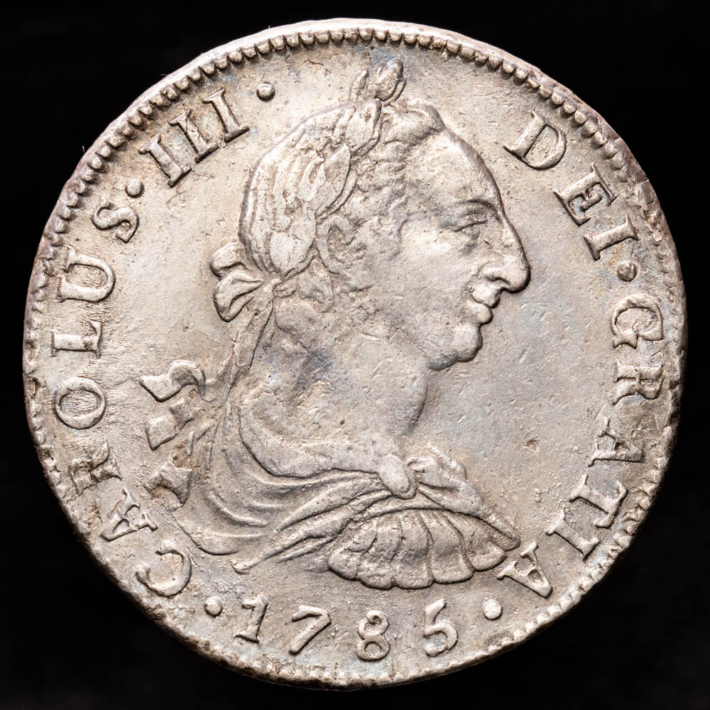 Carlos III. 8 Reales. (26,98 g.). Lima. 1785. Ensayador M·I. AC-1054. MBC+. Canto parcialmente perdido