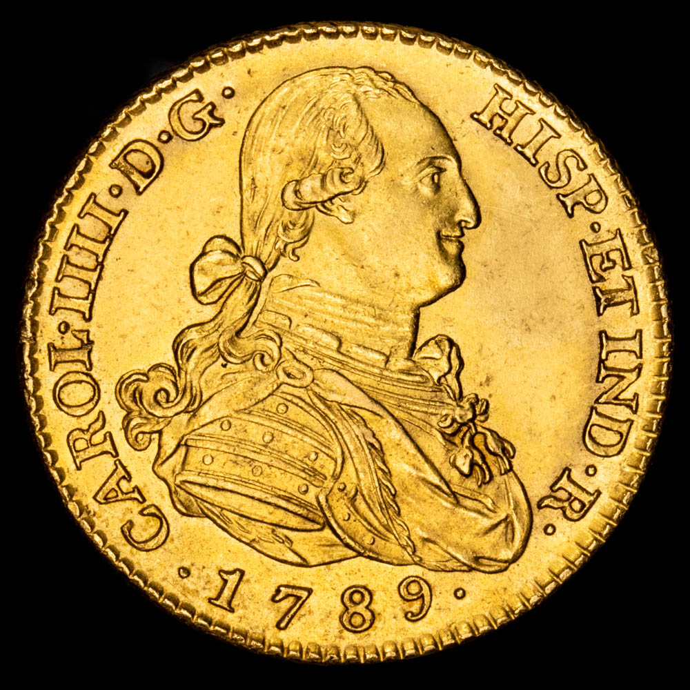 Carlos IV. 2 Escudos. (6,83 g.). Madrid. 1789. Ensaydor M·F. Aureo y Calicó 1274. SC-. Restos de brillo original.