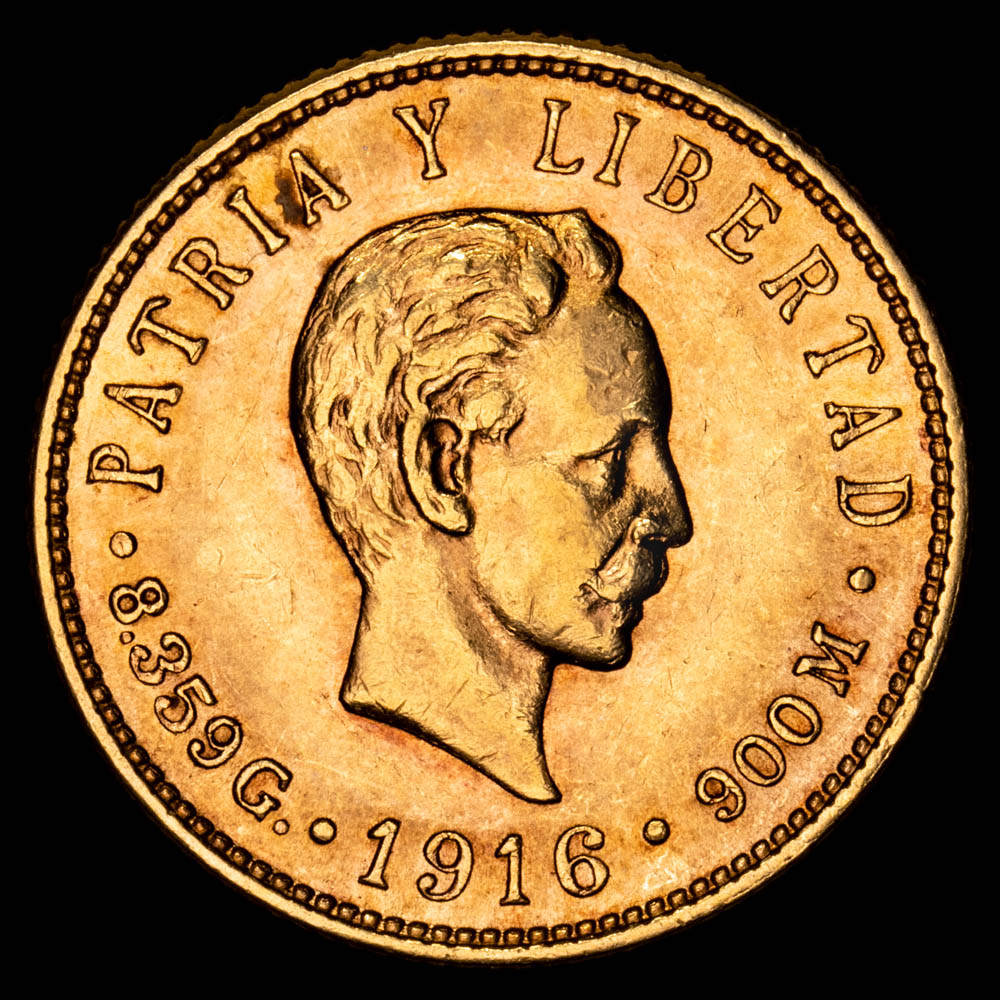 Cuba – José Marti. 5 Pesos. (8,35 g.). 1916. KM-19. XF+. Restos de brillo original. Precioso color.
