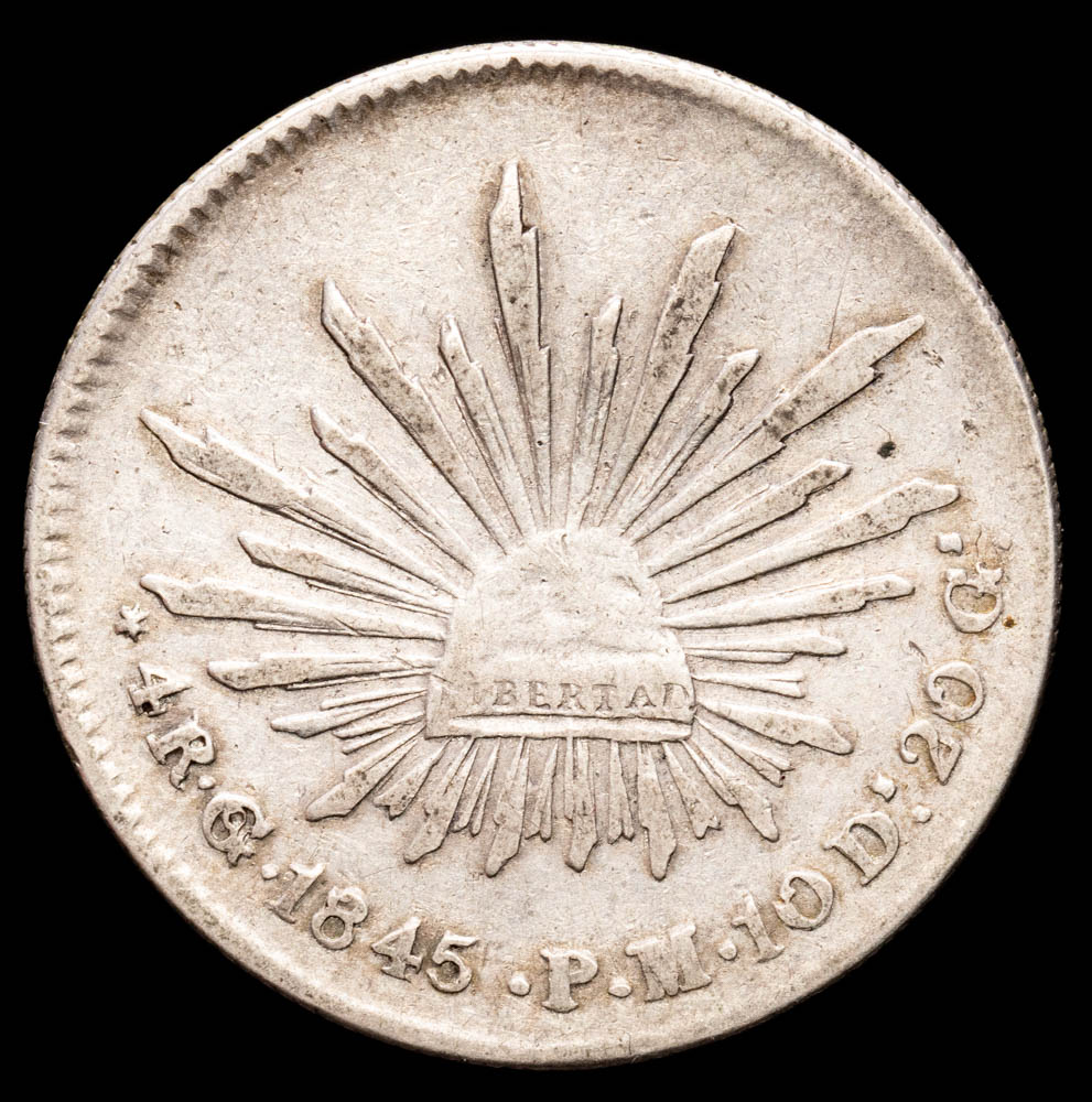 República de México. 4 Reales. (13,3 g.). Gº. 1845. Ensayador P·M. KM-375.4. VF+.