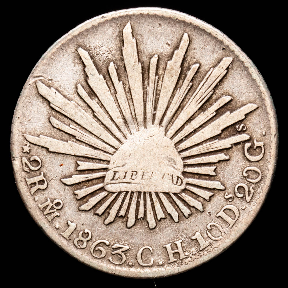 República de México. 2 Reales. (6,49 g.). México. 1863. Ensayador C·H. KM-374-10. VF.