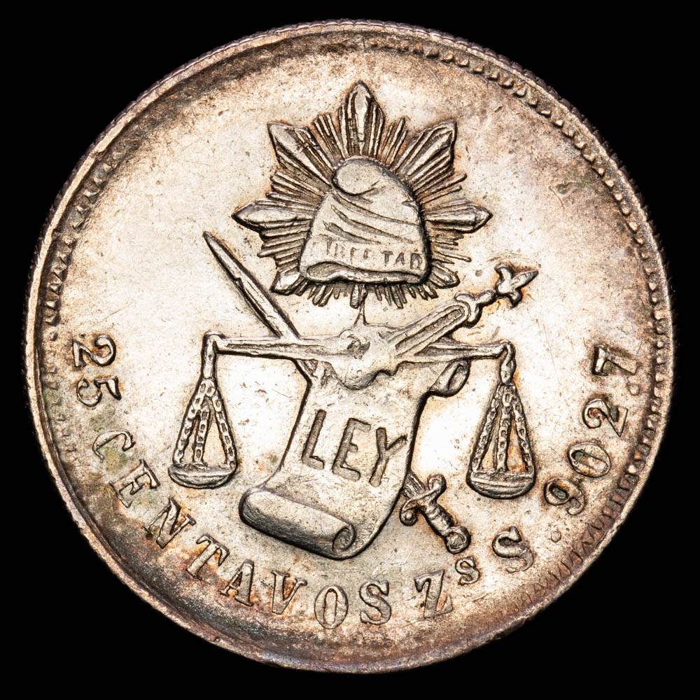 México. 25 Centavos. (6,77 g.). Zacatecas. 1886. Ensayador Zs-S. KM-406.9. EBC-.