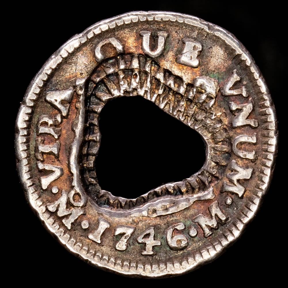 Gibraltar – Felipe V. 1/2 Bit. (1,33 g.). México. 1746. Ensayador M. VG 20. Rara. T-1 Heart cut on 1/2 Real