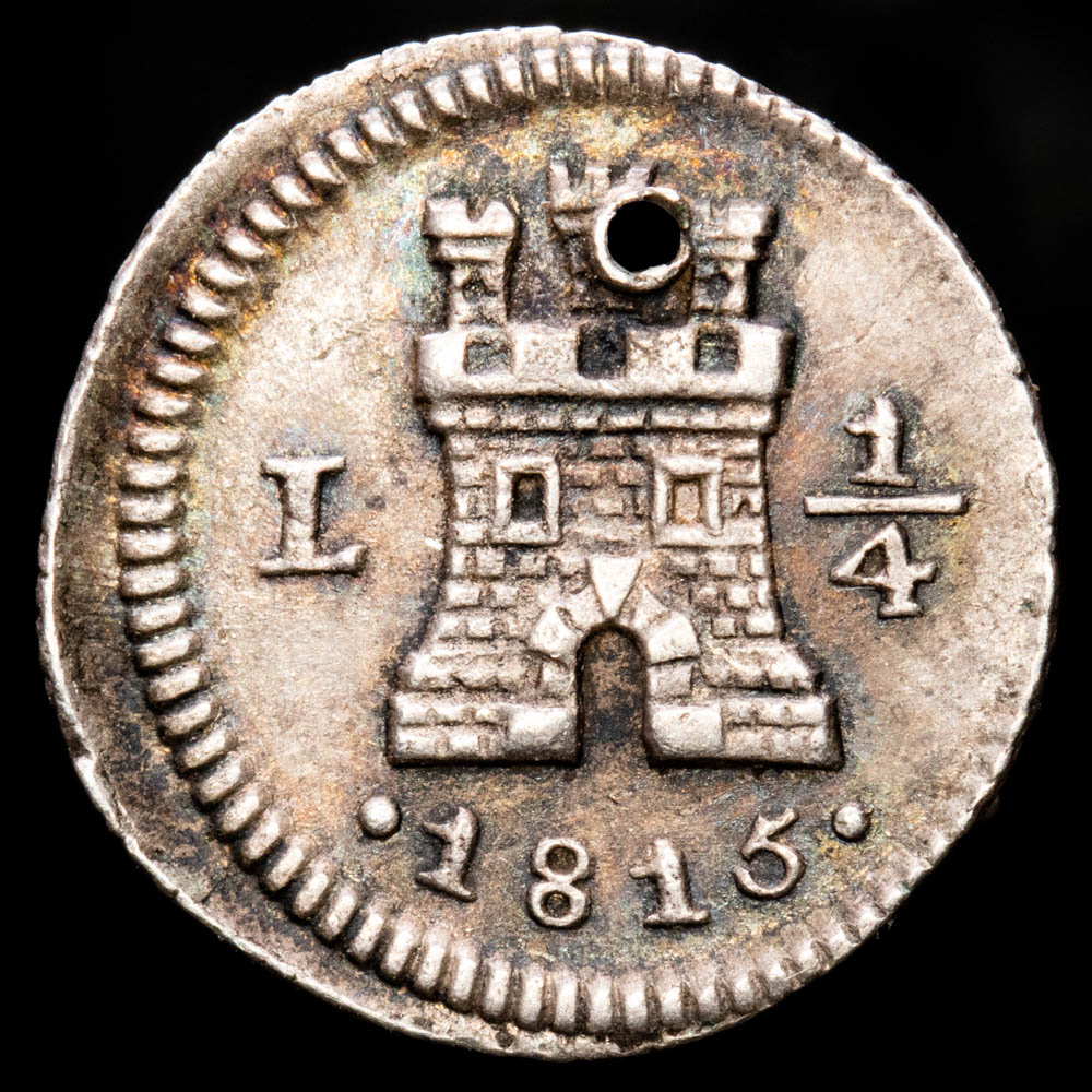 Perú – Fernando VII. 1/4 de Real. (0,71 g.). Lima. 1815. Aureo y Calicó – 1456. EBC-. Escasa, agujero a las 12 H