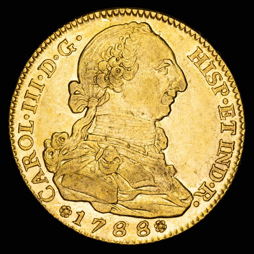 Carlos III. 4 Escudos. (13,47 g.). Madrid. 1788. Ensayador M. Aureo y Calicó – 1795. SC-. Brillo original.