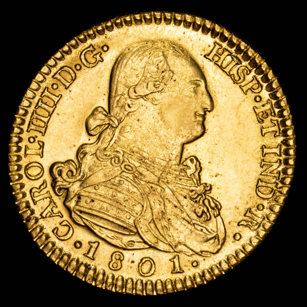 Carlos IV. 2 Escudos. (6,8 g.). Madrid. 1801. Ensayador FA/MF. Aureo y Calicó – 1302. SC-. Brillo original.