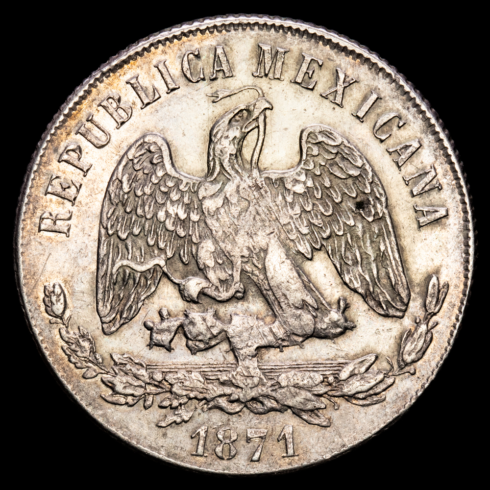República de México. 1 Peso. (27,42 g.). Guadalajara. 1871. Ensayador GA·C. KM-408.3. MBC+.