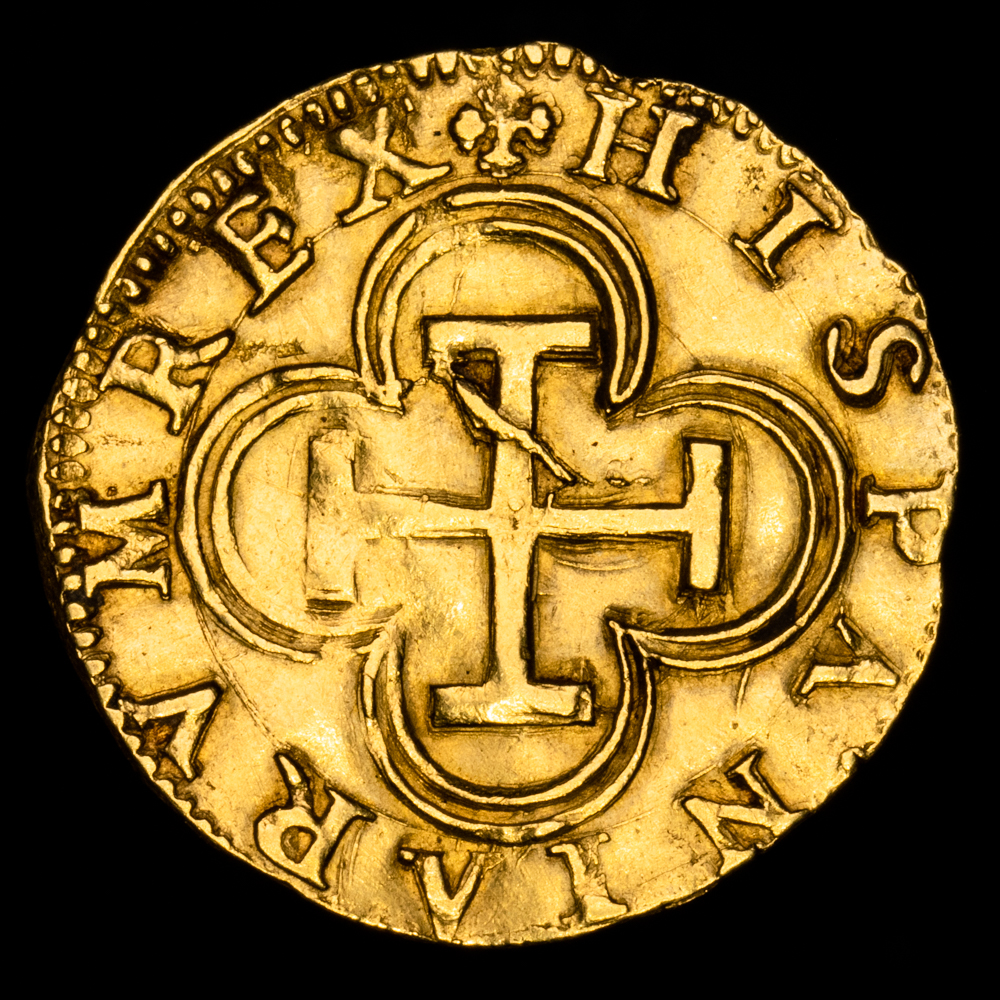Felipe II. 1 Escudo. (3,39 g.). Sevilla. (1556-1587). Ensayador “cuadrado”. Aureo y Calicó – 785. MBC+. Rara. Ensayador D “cuadrada”
