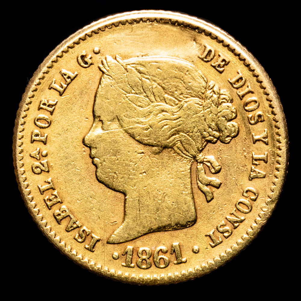 Isabel II. 2 Pesos. (3,39 g.). Manila (Filipinas). 1861. Aureo y Calicó – 836. MBC.