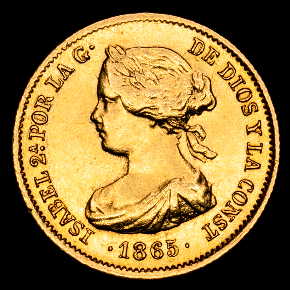 Isabel II. 2 Escudos. (1,65 g.). Madrid. 1865. Aureo y Calicó – 675. MBC+.
