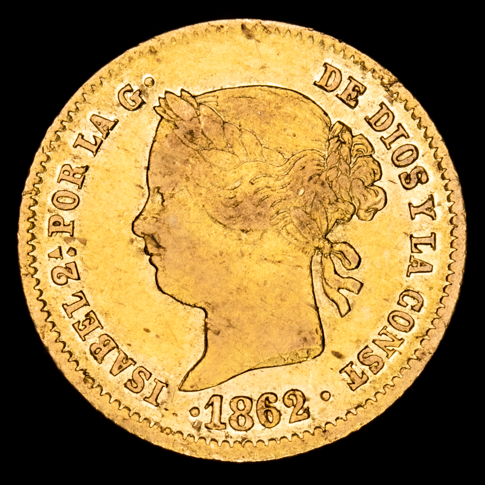 Isabel II. 2 Pesos. (3,41 g.). Manila (Filipinas). 1862. Aureo y Calicó – 838. MBC+. Brillo original.