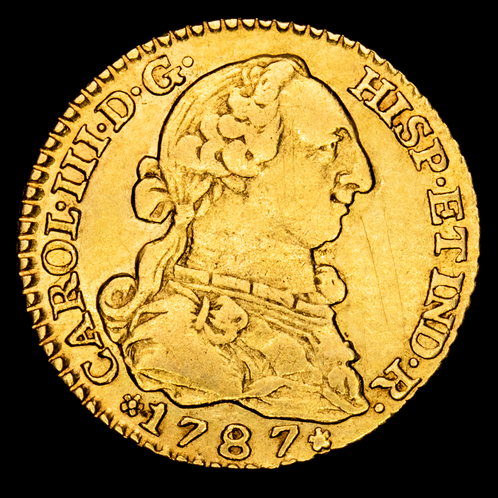 Carlos III. 1 Escudo. (3,33 g.). Madrid. 1787. Ensayador D·V. Aureo y Calicó – 1369. MBC+. Restos de brillo original.
