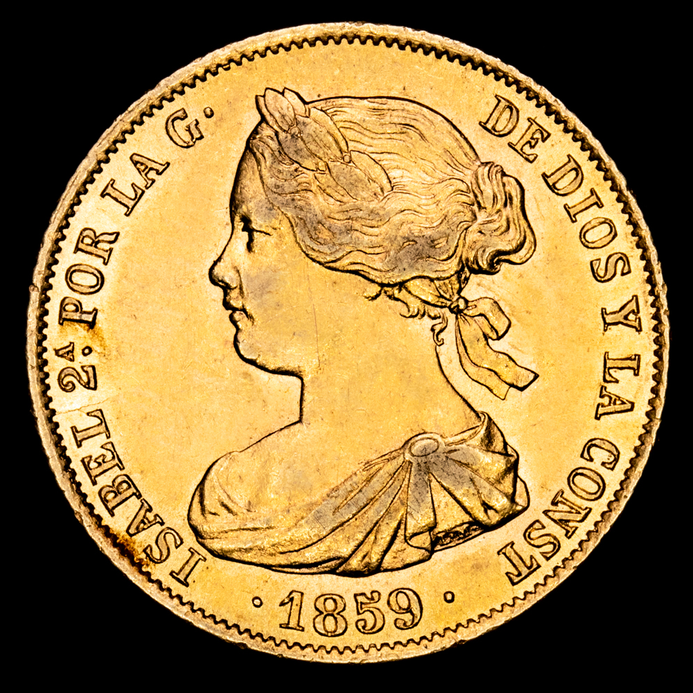 Isabel II. 100 Reales. (8,41 g.). Barcelona. 1859. Aureo y Calicó – 770. SC-. Brillo original.
