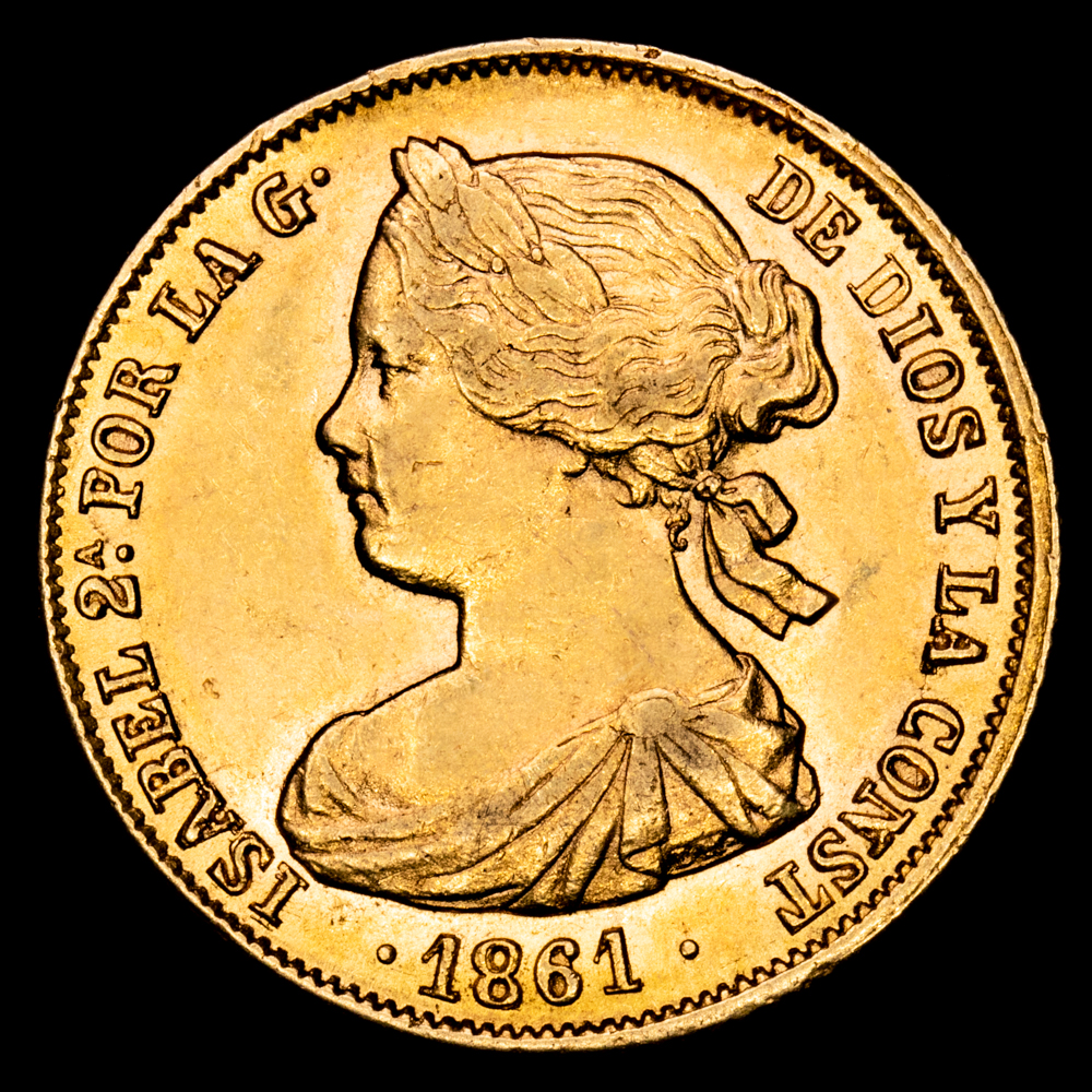 Isabel II. 100 Reales. (8,39 g.). Sevilla. 1861. Aureo y Calicó – 804. SC-. Brillo original.