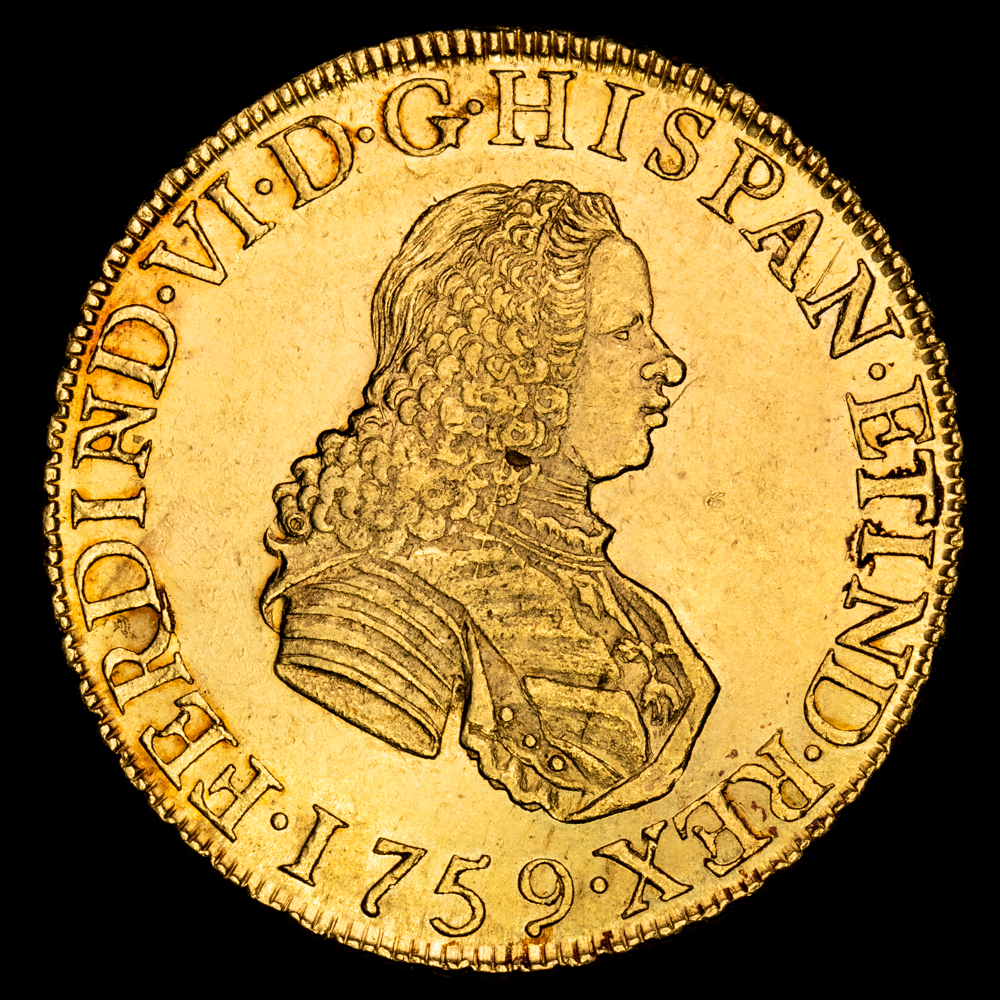 Fernando VI. 8 Escudos. (27,09 g.). Lima. 1759. Ensayador J·M. Aureo y Calicó – 775. EBC. Restos de brillo original. Muy bella.