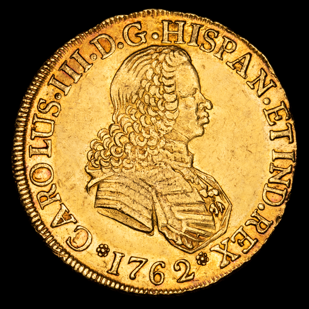 Carlos III. 8 Escudos. (26,96 g.). Santiago. 1762. Ensayador J. AC-2129. EBC. Precioso color. Rara