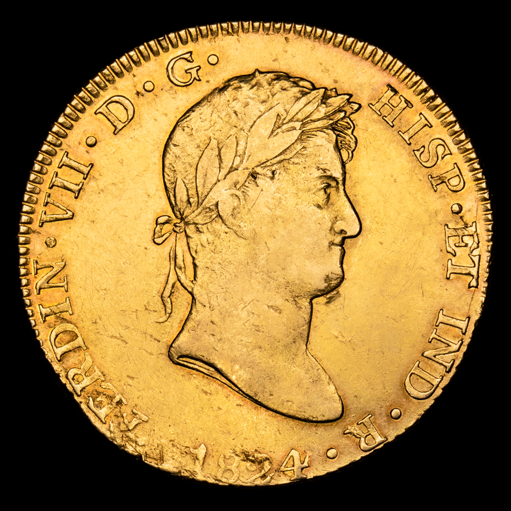 Fernando VII. 8 Escudos. (27,04 g.). Cuzco. 1824. Ensayador G. AC-1745. MBC+. Restos de brillo original. Muy escasa.