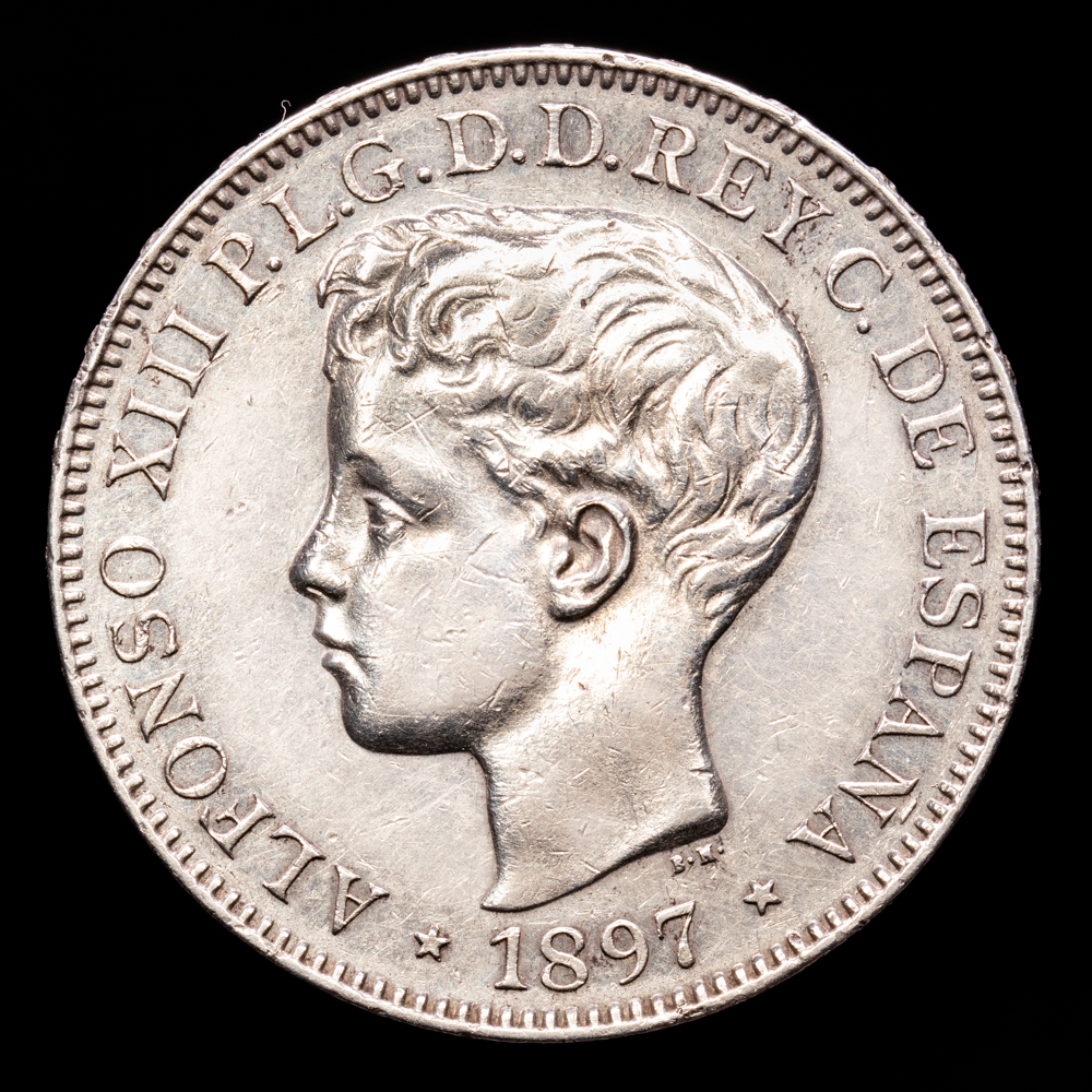 Alfonso XIII. 1 Peso. (24,82 g.). Manila. 1897. Ensayador SG·V. AC-122. MBC+. Limpiada