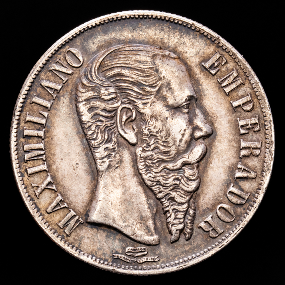 México – Maximilian I. 1 Peso. (26,78 g.). México. 1866. KM-388.1. EBC-. Pátina oscura.
