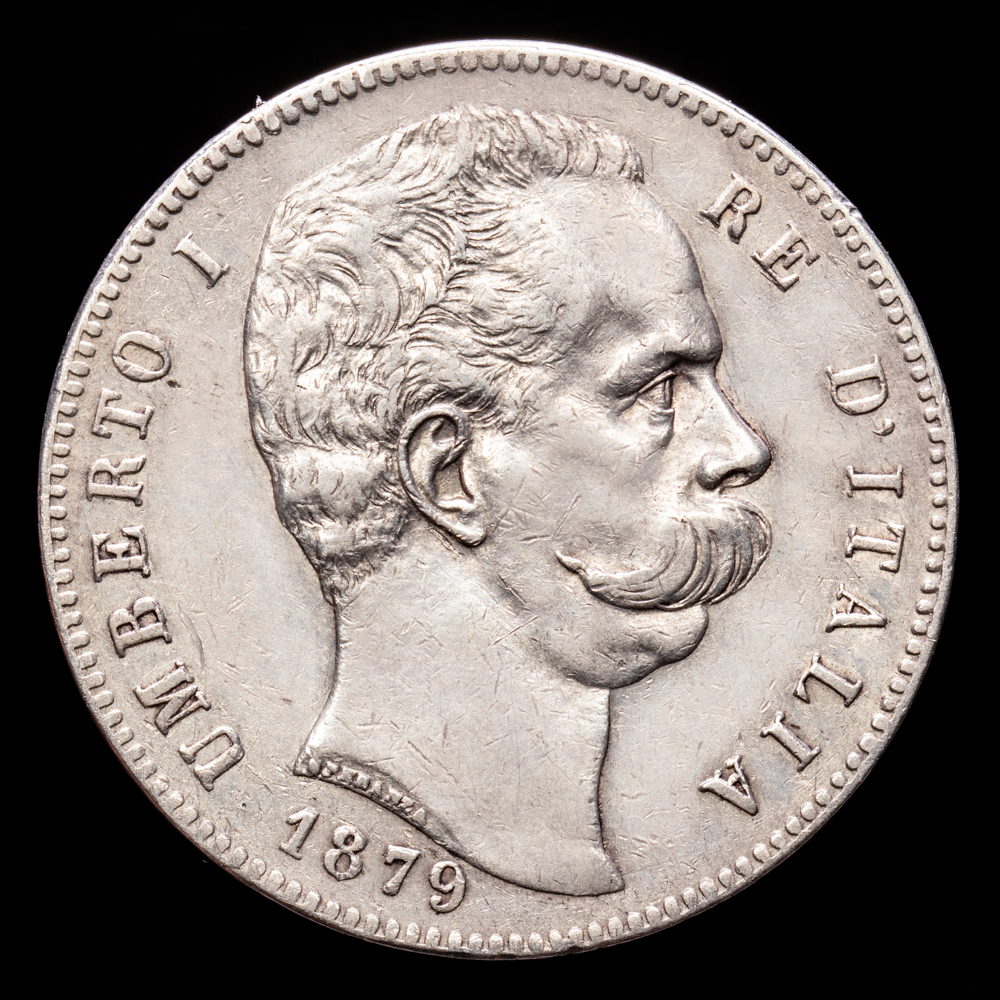 Italia – Umberto I. 5 Liras. (25,01 g.). Roma. 1879. Pogani – 590. MBC+.