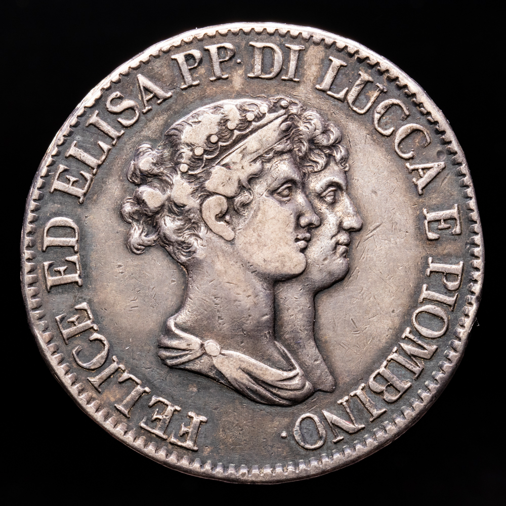 Italia – Elisa y Felice. 5 Francai. (24,81 g.). Lucca. 1807. PAG-253. MBC+. Tono