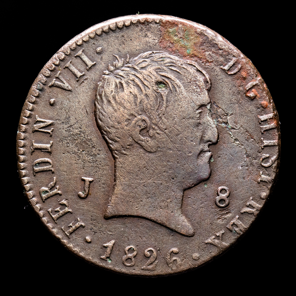 Fernando VII. 8 Maravedís. (10,38 g.). Jubia. 1826. AC-209. MBC/MBC+. Tipo “Cabezón”