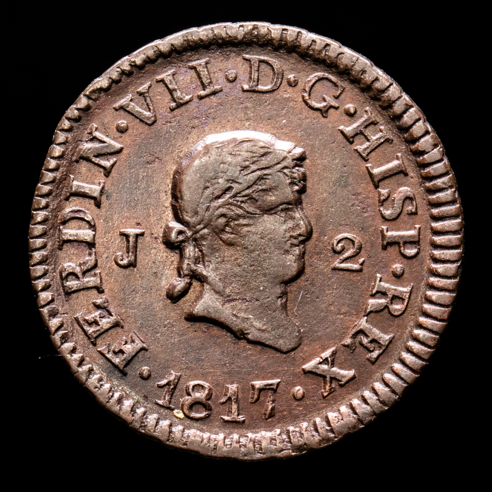 Fernando VII. 2 Maravedis. (2,62 g.). Jubia. 1817. AC-130. EBC. Rara en esta conservación .