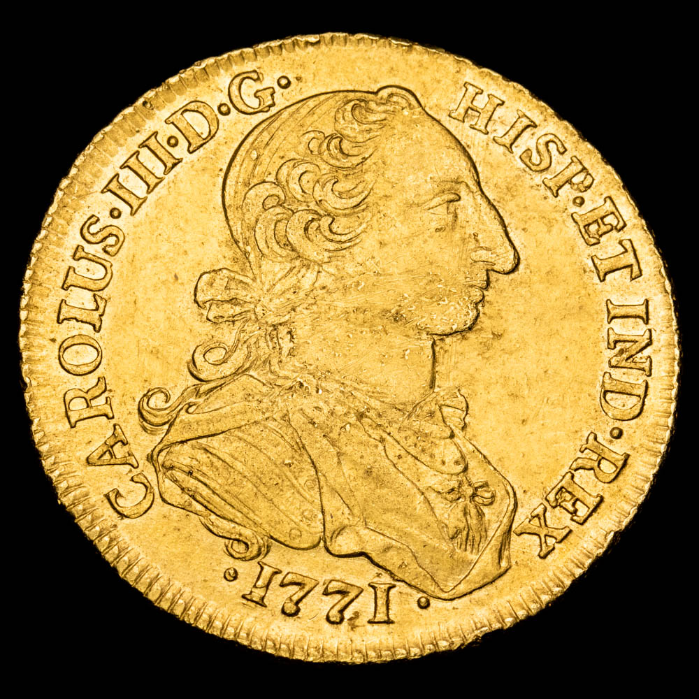 Carlos III. 8 Escudos (26,93 g.). Nuevo Reino. 1771. Ensayador V·J. AC-2095. EBC-