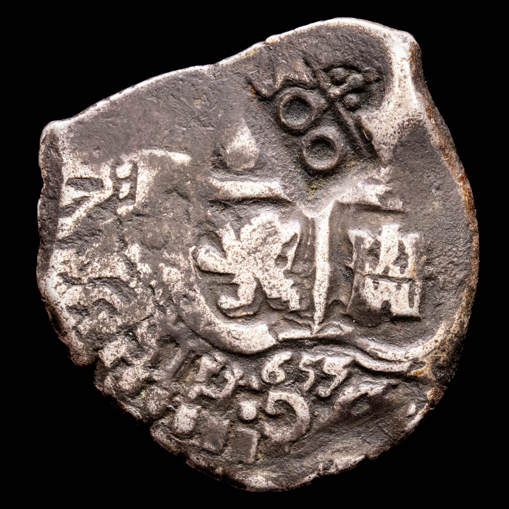 Felipe IV. 4 Reales. (12,78 g.). Potosí. 1655. GOMEZ 46.D1. VF. R-2 Resello de 300 Reis Alfonso VI de Portugal