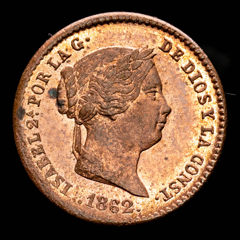 Isabel II. 5 Céntimos de real. (1,86 g.). Segovia. 1862. Aureo y Calicó – 167. FDC. Brillo original. Sobervia presentación.