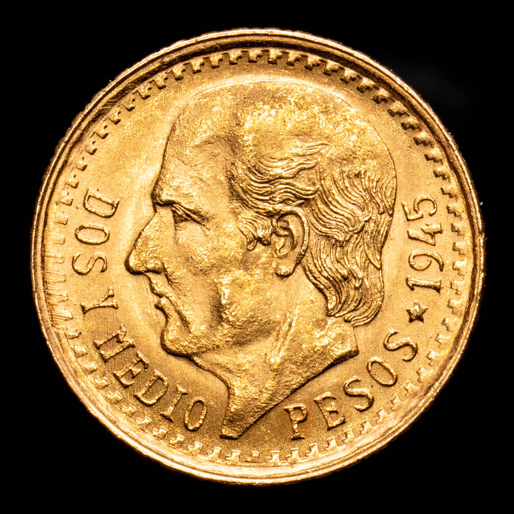 México. 2 1/2 Pesos. (2,08 g.). 1945. KM-463. UNC-.